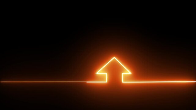 Glowing neon coral color line icon and up arrow isolated on transparent black background.