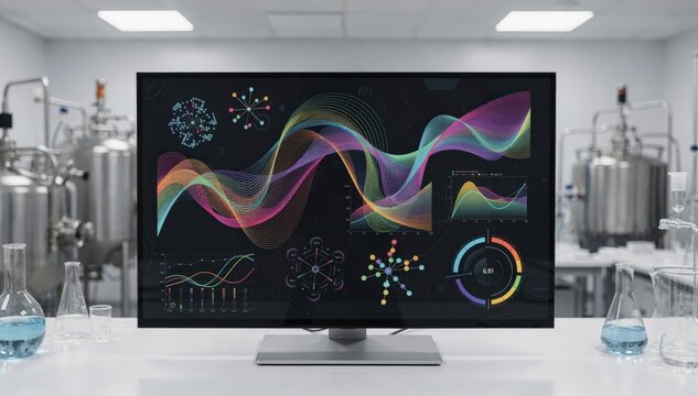 Medium shot of an AIdriven reactor optimization dashboard displaying dynamic data visualizations and predictive control charts for polymerization processes in a laboratory setting.