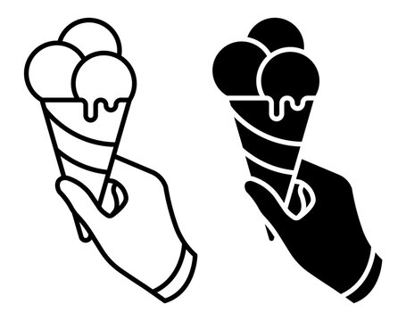 Linear icon. Hand holding ice cream in waffle cone. Simple black and white vector symbol isolated on white background