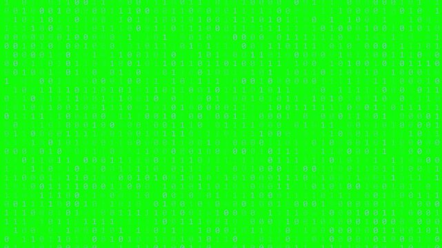 Green binary digits pattern flickering on a bright green screen overlay layout for technical software UI motion concepts
