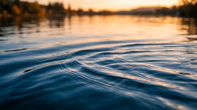Closeup of gentle ripples on a calm lake surface at sunset, creating a peaceful and serene atmosphere with golden reflections
