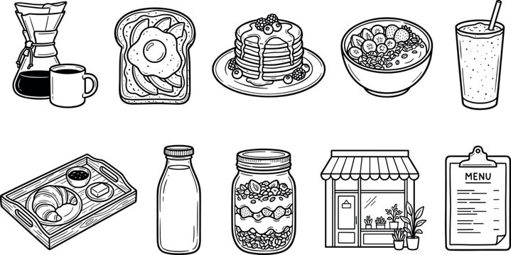 Modern cafe breakfast and artisan brunch food line icon set featuring pancakes toast coffee tray shop vector illustration