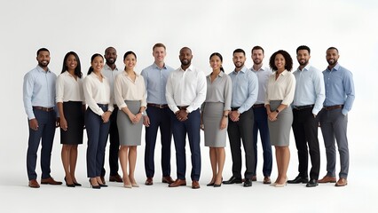 Fototapeta premium Diverse group of professional office workers collaborating in a modern coworking space with a soft blurred background, capturing a dynamic business environment and productive corporate teamwork.