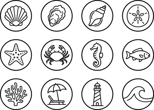 Ocean sea life and beach vacation circular line icon set featuring seashell oyster crab seahorse lighthouse coral wave vector