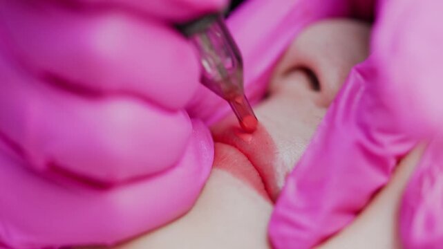 Lip tattoo procedure close up with needle applying pink pigment on lips.
