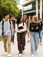 Fototapeta premium A diverse group of students walking and chatting on a sunny college campus. Engaging social atmosphere and youthful energy.