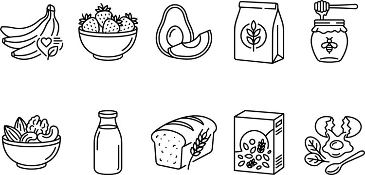 Organic breakfast grains and healthy grocery food line icon set featuring banana strawberry avocado honey bread vector illustration