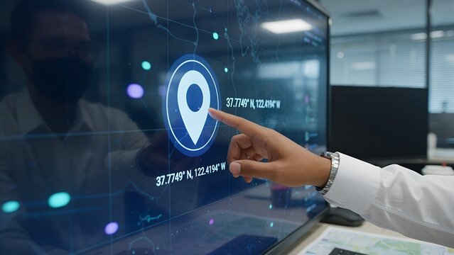 Anonymous professional in a sharp suit touching a glowing blue digital location pin icon on a virtual map interface, representing global logistics, GPS navigation, and advanced business tracking.