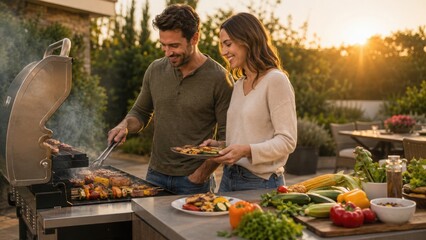 Obraz premium Couple grilling vegetables and meat on barbecue in backyard during sunset, with fresh produce and outdoor dining furniture visible in the background