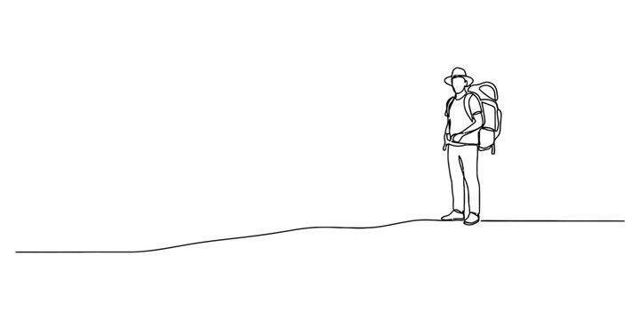 Continuous single line drawing of a traveler with a backpack and hat standing on a hill exploring nature during a hiking trip adventure Vector, illustration