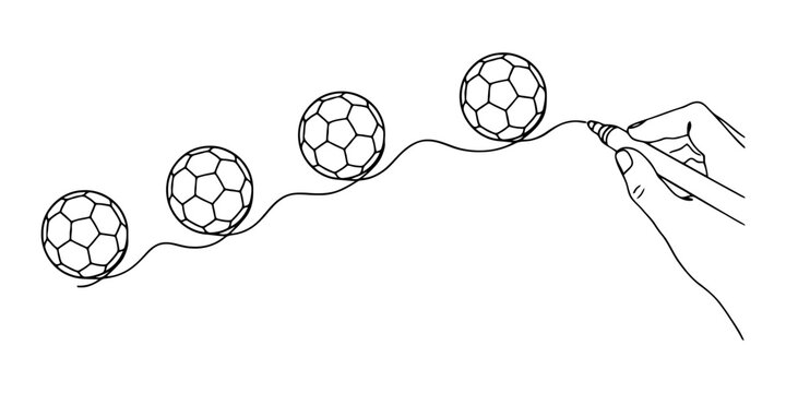 A hand drawing a sequence of four soccer balls in a continuous line art style showing motion and progress of a ball moving along a wavy path Vector, illustration