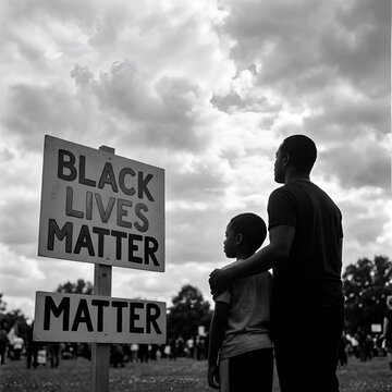 Father and son at Black Lives Matter protest, equality and justice