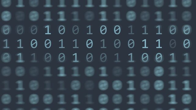 Glowing digital matrix code background with shallow depth of field rendering blurred binary digits in an abstract dark scene