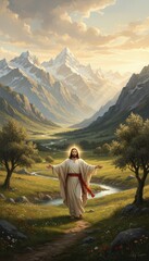 Fototapeta premium Jesus Christ with arms outstretched in a majestic mountain valley, spiritual landscape with divine golden light and flowing river. Religious digital art illustration for church, poster and web design