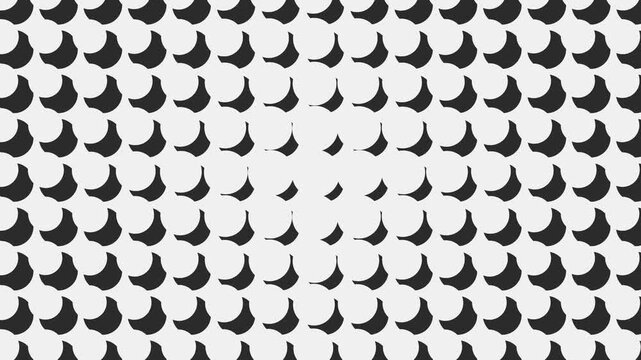 Halftone pattern of geometric crescent elements shifting scales over a light gray backdrop in a minimalist 3D background loop
