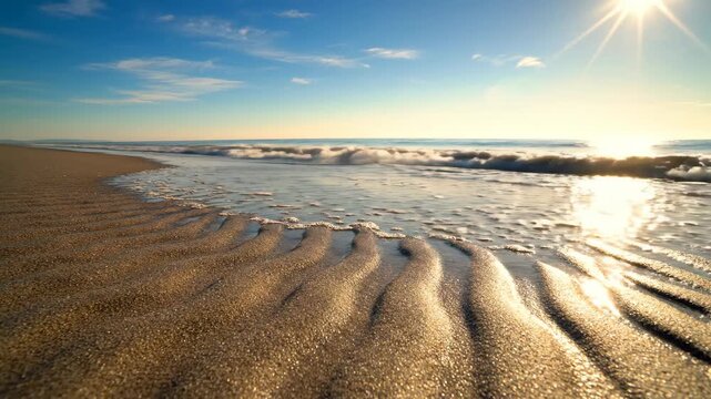 Golden sunrise illuminates rippled sand patterns on a serene ocean beach with soft rolling waves