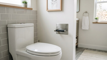 Fototapeta premium Modern bathroom scene featuring empty toilet paper roll holder next to clean toilet and natural light streaming in from window. Empty toilet paper roll holder complements minimalistic design,