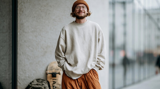 Cheerful young man standing near a simple textured wall in casual clothes backpack on the floor beside him skateboard like object without markings leaning nearby soft daylight
