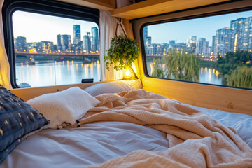 Fototapeta premium Cozy Bed Platform in Luxury Campervan with Warm Ambient Lighting