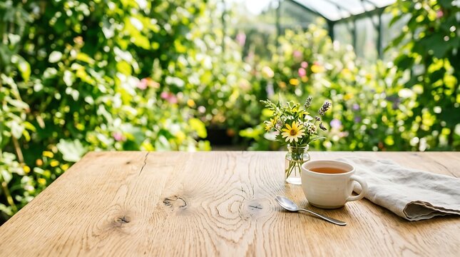 A cup of tea and a small vase of wildflowers on a rustic wooden table in a sunny greenhouse garden