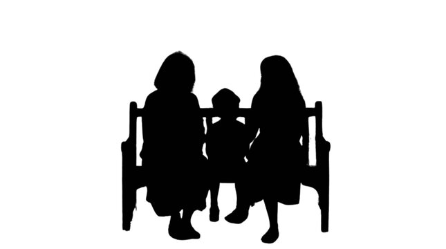 Three kids sitting on park bench silhouettes isolated on transparent background, Vector