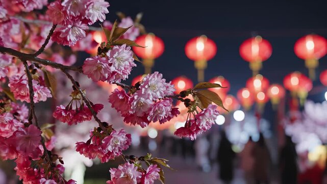 Cherry blossoms with red lanterns at night. Asian spring festival celebration. Chinese New Year background with flowers