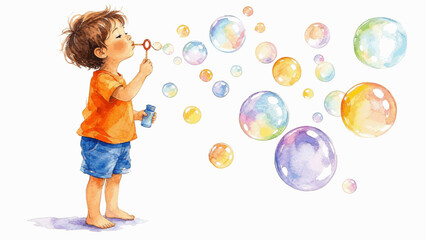 Fototapeta premium Tiny Joy Bubble Blowing Kid isolated watercolor vector illustration svg