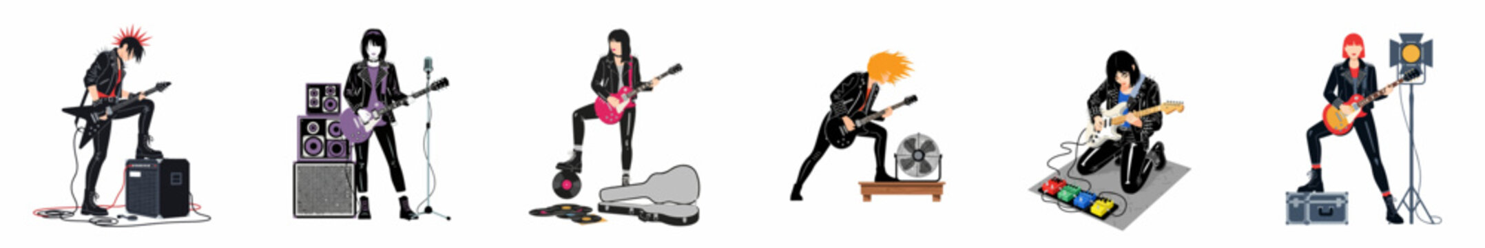 Set of diverse female rock and punk guitarists performing with electric guitars, amplifiers, and musical equipment in a flat vector illustration style.