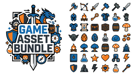 Fototapeta premium Fantasy Game Asset Bundle, 40 RPG Icons Vector Set, Medieval Adventure UI Elements with Sword and Dragon, Blue and Orange Gaming Graphics