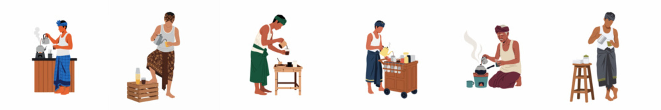 Flat Illustration Set of Balinese Men in Traditional Attire Preparing and Serving Coffee and Tea in Various Cultural Settings