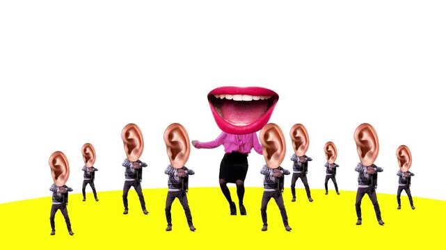 Giant mouth and ear characters dancing on yellow graphic stage stop motion. Concept of speech therapy, communication skills, hearing awareness, social media design, creative advertising.