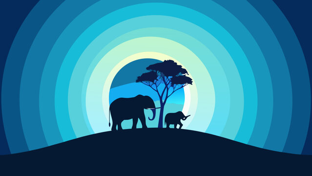 vector illustration of  elephants on the sunset background