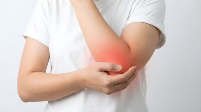 Person wearing white shirt holding their painful elbow with red highlight indicating severe joint inflammation