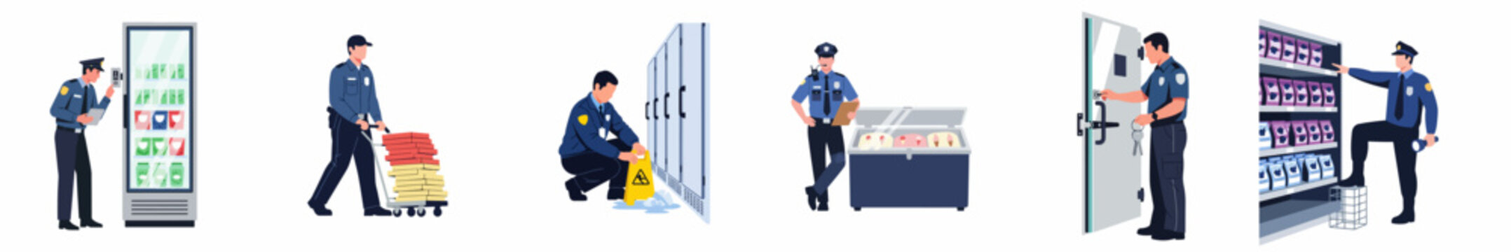 Security guards performing various duties in a supermarket or warehouse setting, including monitoring equipment, handling stock, and ensuring safety.