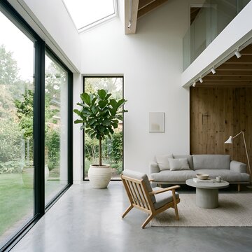 Modern Living Room with Large Windows, Skylight, and Fiddle Leaf Fig Plant