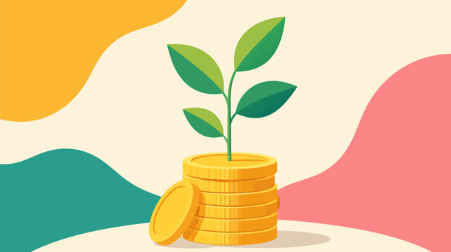Flourishing green sapling emerging from a stack of gold coins on a clean background, flat vector illustration showing business development, economic prosperity, and the power of smart investing.