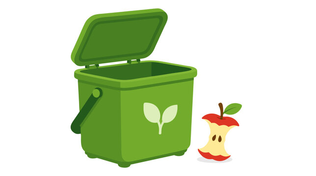 Eco-friendly green compost bin featuring a decaying apple core, flat vector illustration promoting organic waste recycling, sustainability, and environmental protection for green living concepts.