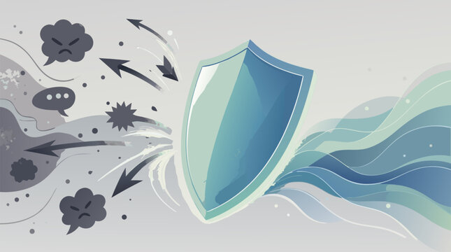 Abstract Shield Symbol Deflecting Negative Words and Flying Arrows Representing Resilience Protection and Psychological Strength, Flat Vector Illustration for Mental Health and Safety