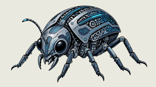 Futuristic cyber bug insect representing a software error or computer glitch, flat vector illustration of a digital beetle with neon accents for cybersecurity and tech debugging concepts.