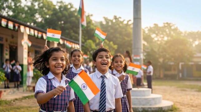Smiling indian school children joyfully celebrate the 79th independence day, waving flags on a bright school campus.