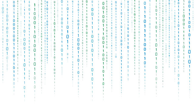 Dynamic abstract binary code raining down like a digital matrix in a flat vector illustration style, symbolizing big data, cybersecurity, and computer programming on a light background.