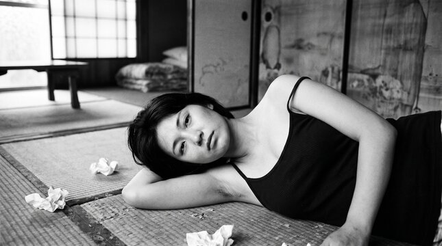 昭和の日本人女性：昭和40年代の日本家屋で、キャミソール姿で畳の上に横たわり、虚無的な眼差しを向ける20代日本人女性のモノクロポートレート