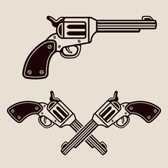 Fototapeta premium Vintage cowboy handgun with detailed engraving, set of monochrome vector artwork suitable for rodeo, outlaw, sheriff, and frontier projects