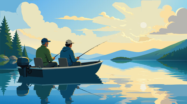 Father and young son fishing together on a small boat in a calm lake, flat vector illustration of family bonding, outdoor recreation, leisure activity, and childhood memories in nature scenery.