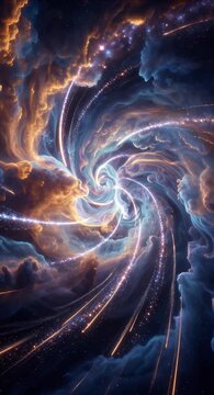 Nebula Cosmic vortex spiral galaxy nebula cloud star field space dust light swirl, abstract deep space scene with luminous spiral and swirling gas, dramatic motion energy glow blue orange cosmic storm