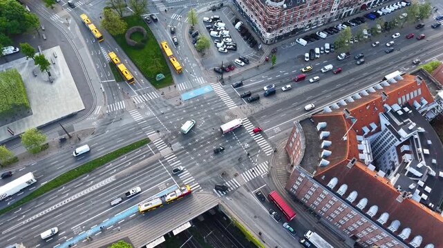 Top-down view of busy city intersection, Copenhagen city, Denmark