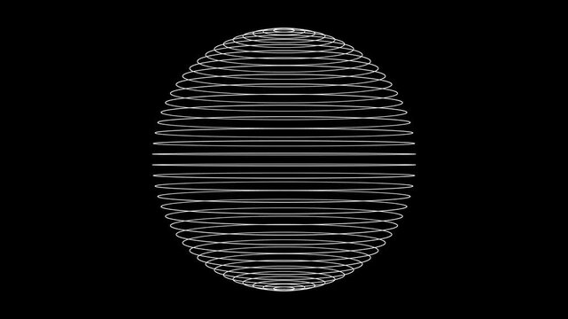 Minimalistic three-dimensional geometric sphere-spirograph with intersecting white lines-loops. A clean three-dimensional wireframe globe with complex animation of network lines.