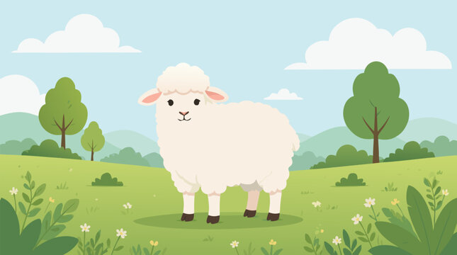 Cheerful Fluffy White Sheep Standing Peacefully in a Lush Green Meadow for Kurban Bayrami Celebration, Flat Vector Illustration Representing the Islamic Festival of Sacrifice on a Light Background.