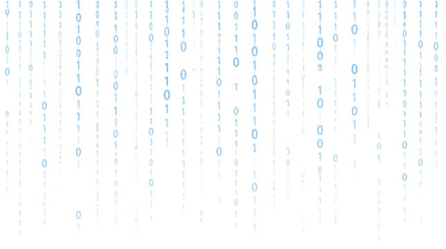 Conceptual abstract binary code raining down in vertical columns like a digital matrix background, representing data stream, cybersecurity, programming and computer science in flat vector style.
