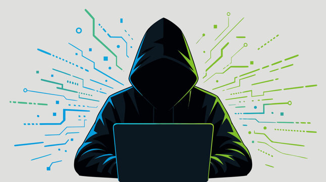 Mysterious hacker in a hoodie silhouette surrounded by digital code flat vector illustration on a light background representing cybersecurity threats data breach and computer programming experts.